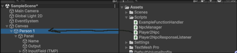 Hierarchy showing Person 1 with Player2Npc
